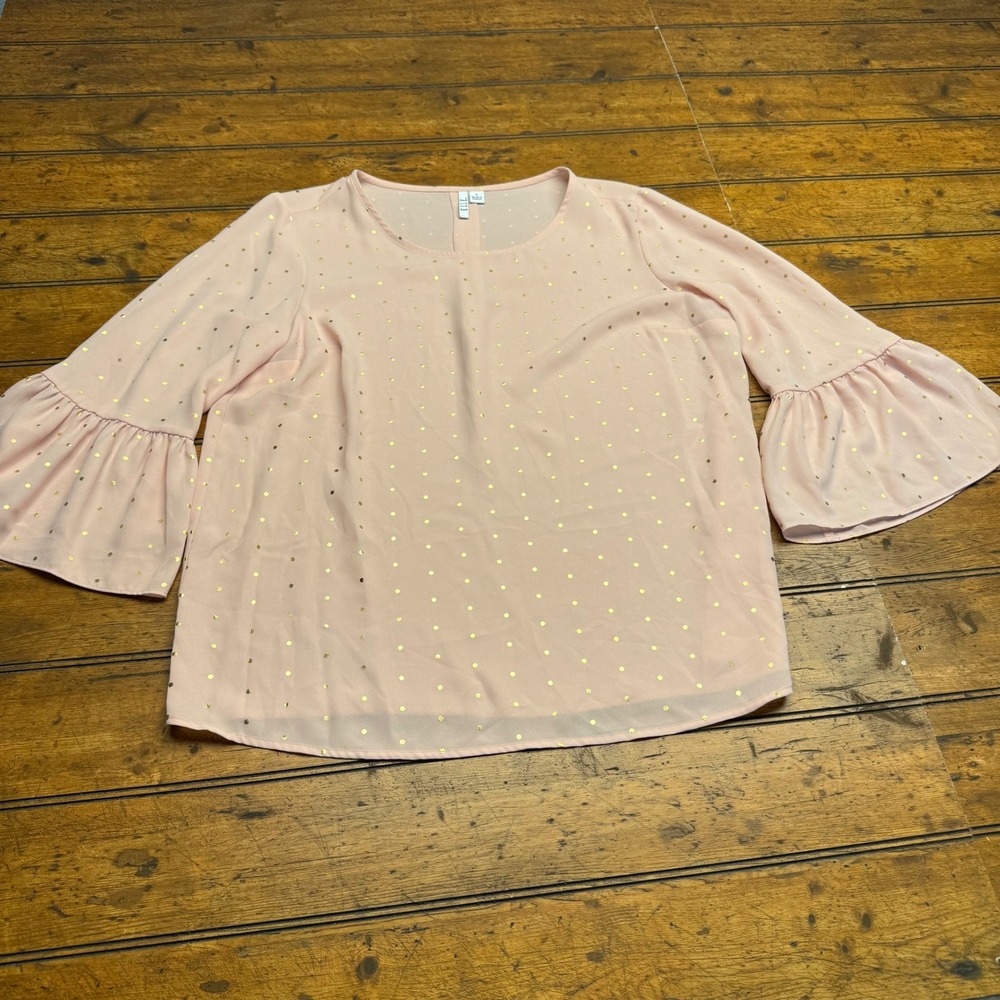 Elle Pink Gold Dot Bell Sleeve Blouse Top Women's Size Small